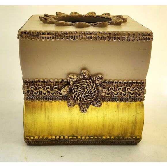 TISSUE BOX HOLDER-AVANTI LINENS-Gold-Heavy Resin-Rope Design-Gold-Tan-Square - Picture 2 of 8